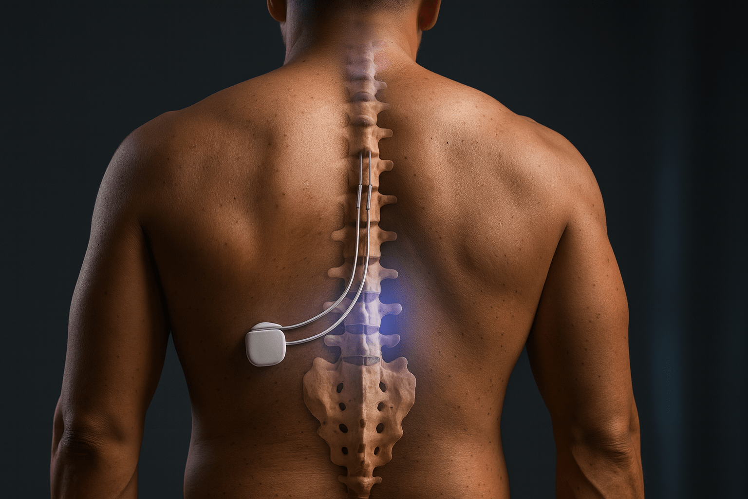 Photorealistic image of an implanted spinal cord stimulator on a person's back